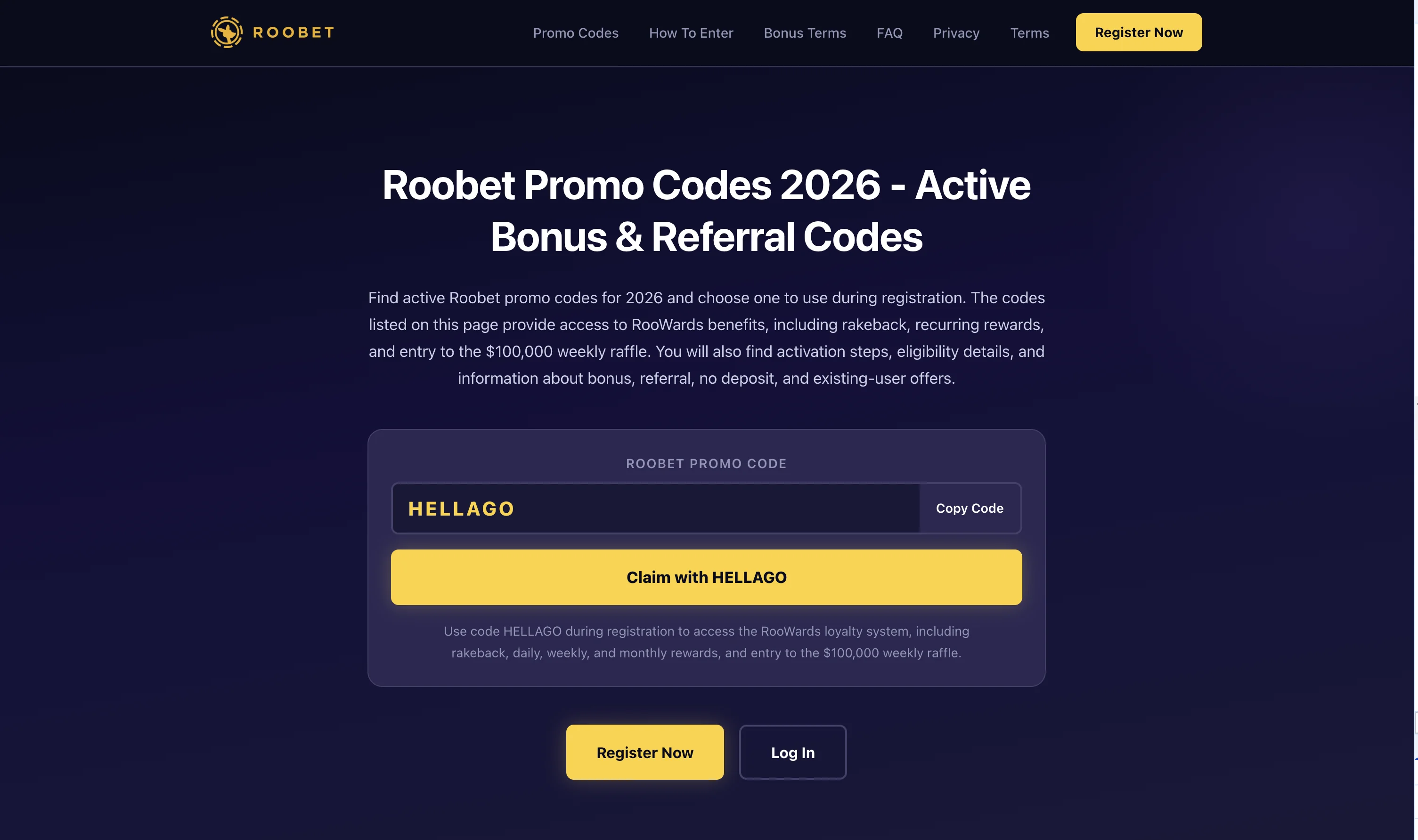 Roobet homepage header with Login and Register buttons